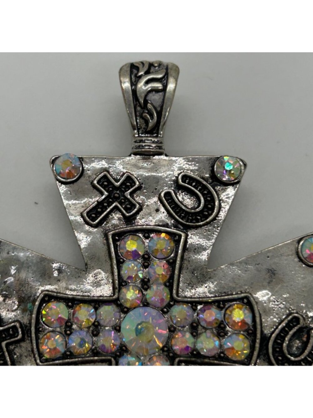 Silvertone Cross Pendant Pearl Enhancer Arurora Borealis Horseshoe Southwestern - Picture 6 of 14